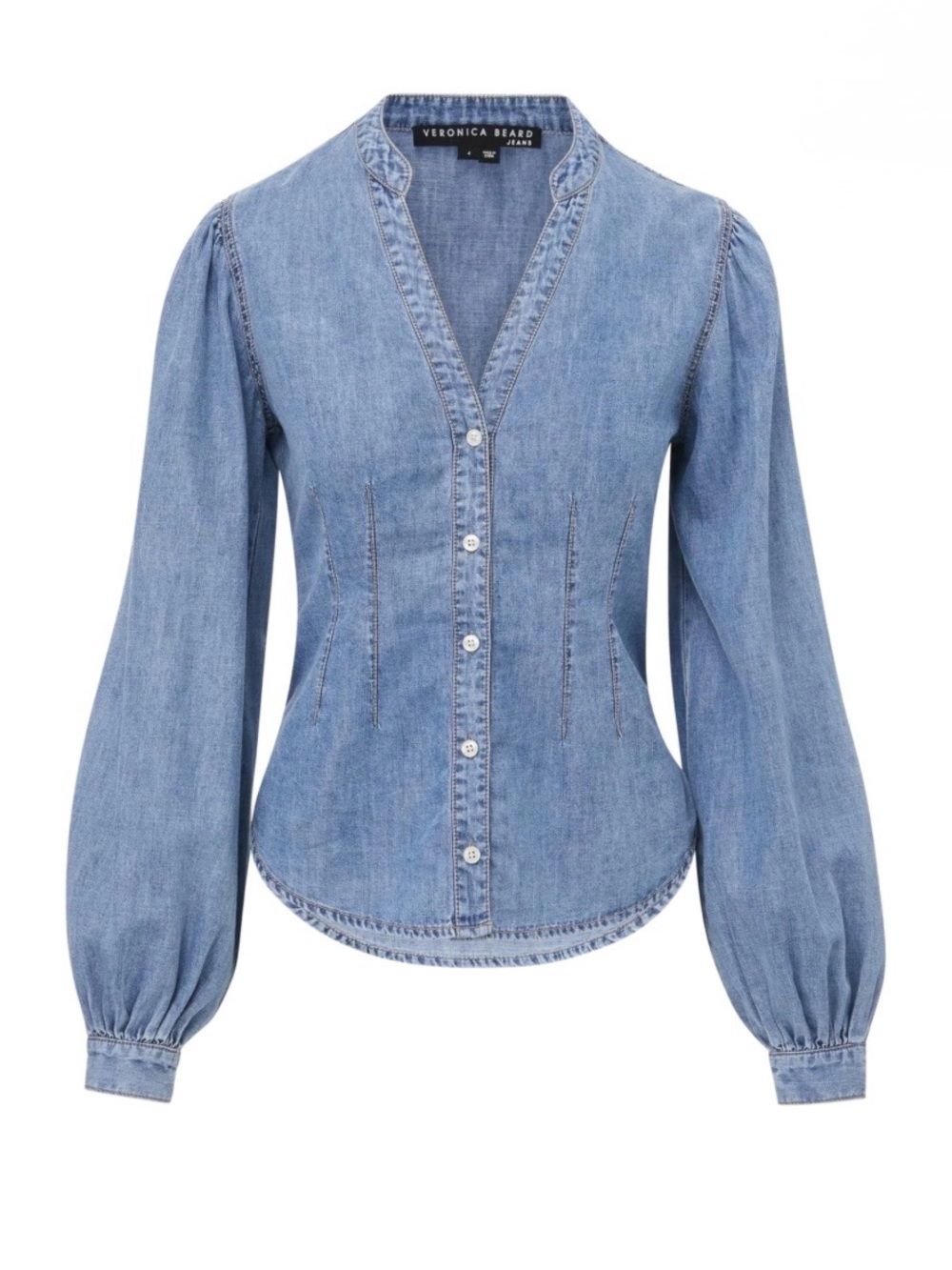 Veronica Beard Jeans Sedona Top Light Wash Chambray Cotton Denim Pintuck Vneck 6